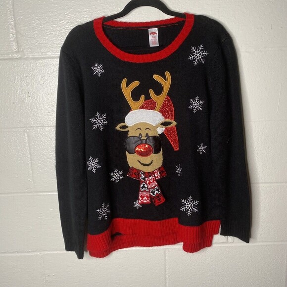 Holiday Time Ugly Christmas Sweater Women XL Color Black/Red Reindeer Sunglass - Picture 2 of 7